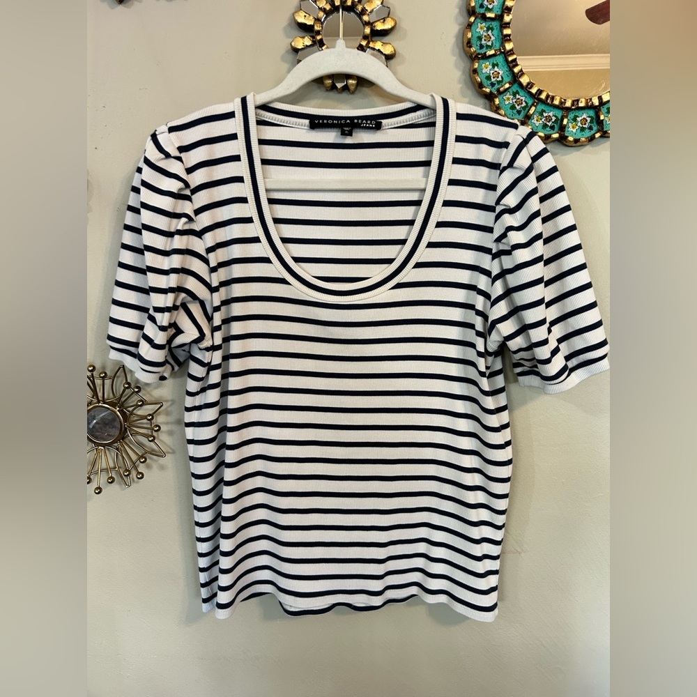 Veronica Beard Cream and Navy Striped Puff-Sleeve Knit Top - Picture 2 of 6